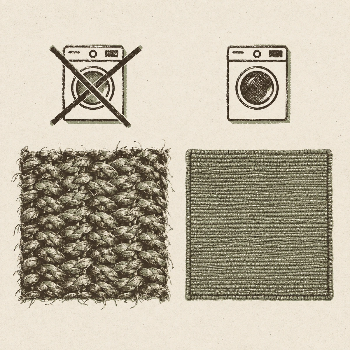 A two ink print of two rug squares seen from above. The left one is a coarse open jute braid with loose fibers escaping at its edges, and above it a drawn washing machine with a cross struck through it. The right one is a smooth flat olive low pile, and above it the same washing machine with no cross.