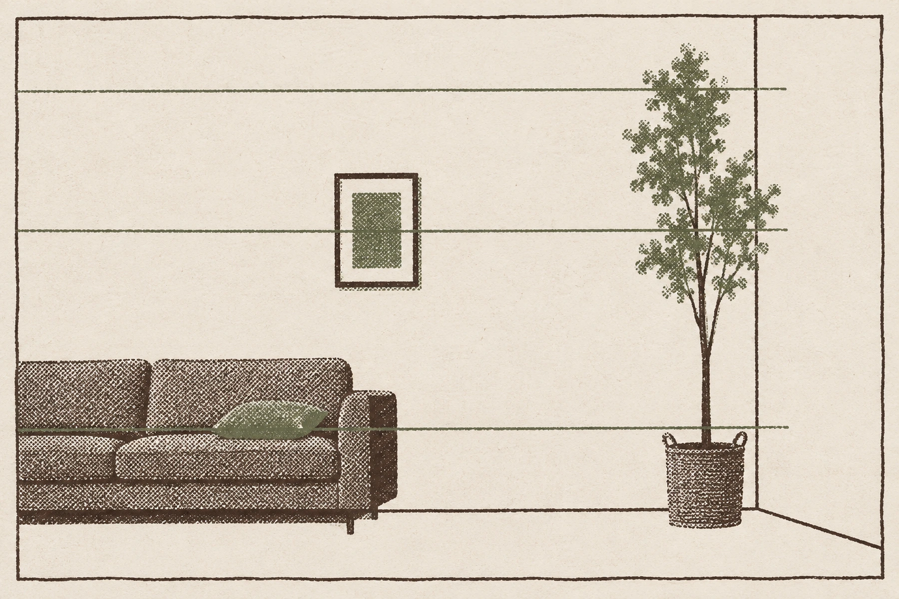 A two ink print of a living room corner seen flat. The same olive green appears three times, each on its own thin guide line: a cushion low on the sofa, a small framed picture at eye level, and a slim tree in a woven basket standing tall in the corner. Everything else is left as empty paper.