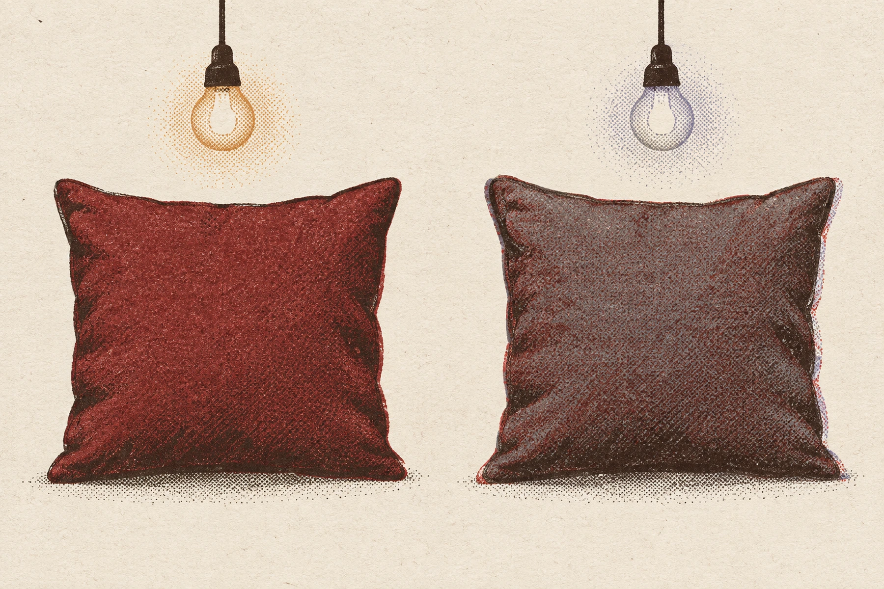 A print of the same cushion drawn twice, side by side, identical in shape. The left one is a deep warm red under a small warm bulb. The right one is the same red overprinted with a cool gray so it reads muddy and purple, under a cool bulb. Nothing else is on the paper.