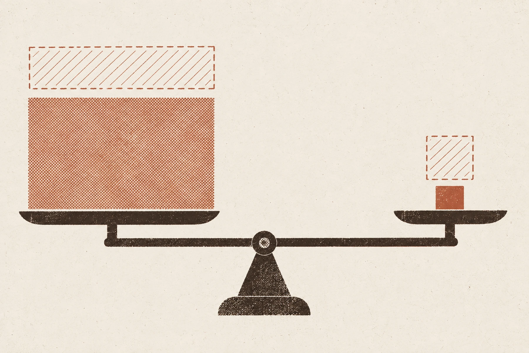 A balance beam sitting level. On the left pan, one very large rectangle printed as a pale terracotta halftone, standing for a wall and a floor. On the right pan, one small square of the same ink at full strength, standing for a single cushion. Above each pan the same shape is repeated in dashed outline with its area hatched, so the difference in size is unmistakable.