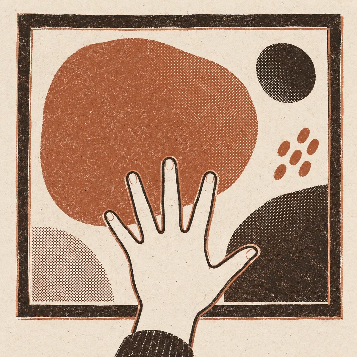 A framed abstract picture seen face on with a flat open hand held up against it. The big terracotta shape behind the hand is wider than the palm. A dark circle in the top corner is smaller than it. Off to the side, six small terracotta marks sit scattered across the picture.