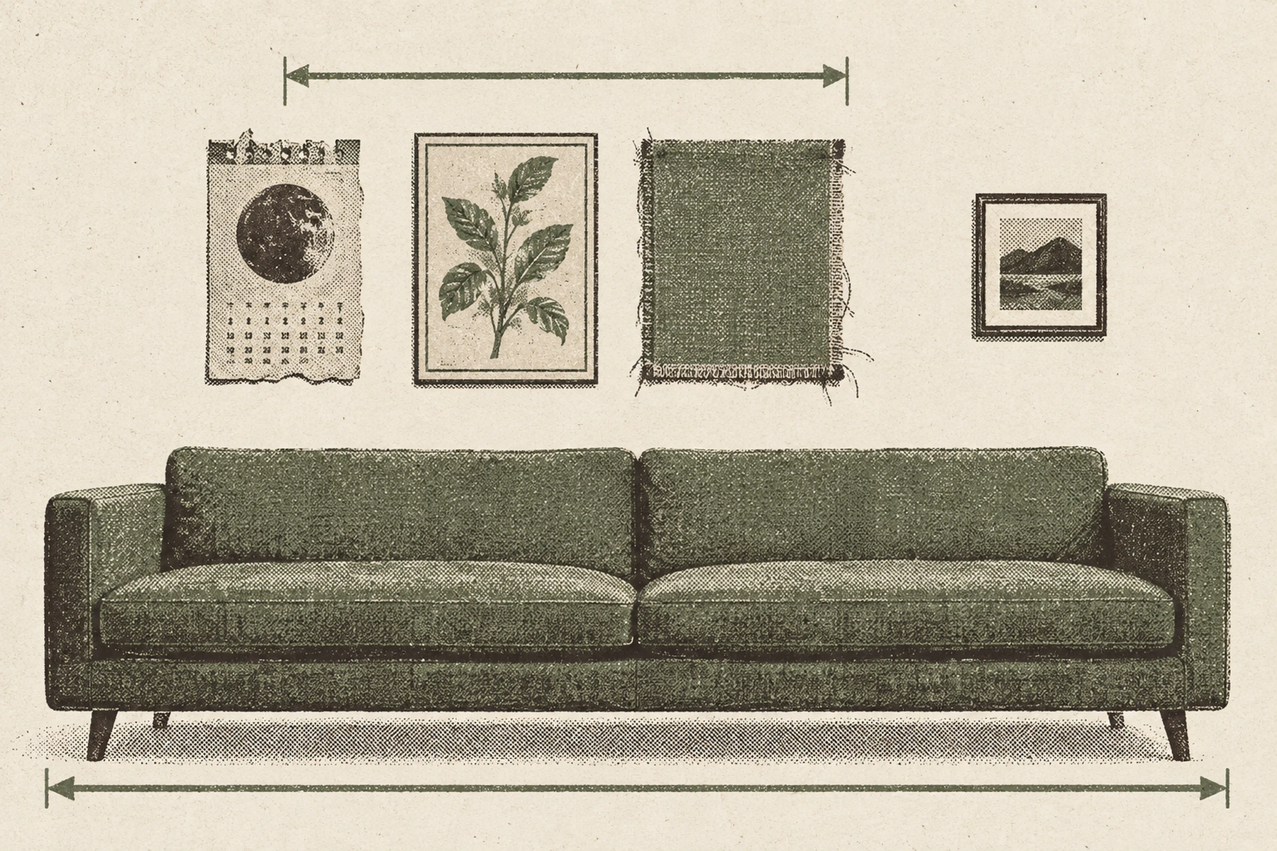 A sofa drawn face on with an arrow across its full width along the floor. Above it, four flat things hung at their true relative sizes: a torn calendar page, a framed botanical plate, an offcut of fabric with frayed edges, and a small framed print set apart from the others and far too small. A second arrow across the top spans the three that are grouped, and stops well short of the sofa ends.