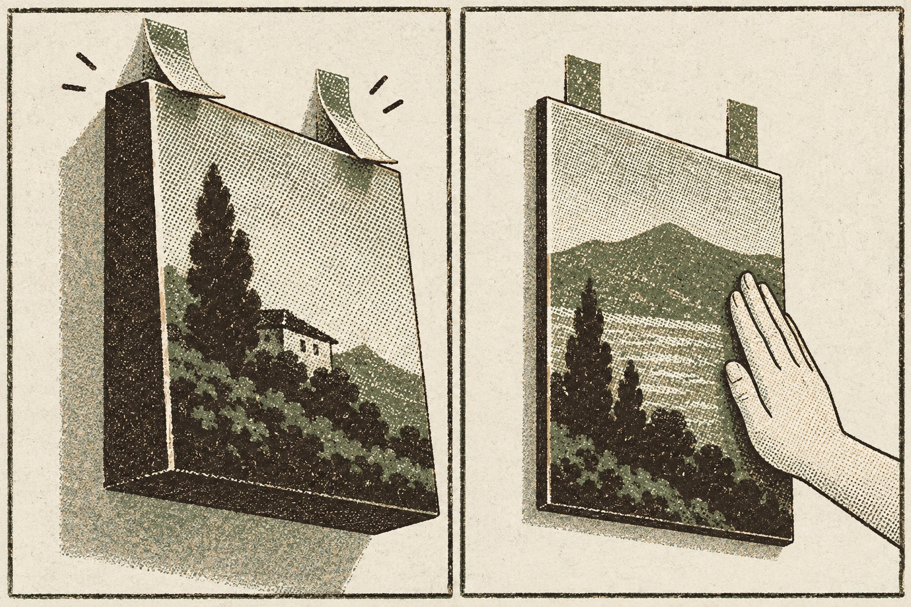 A two ink drawing of two panels of the same face size, seen from a low angle so the edge of each one shows. The left panel is about twice as thick as the right one; the two adhesive strips holding it at the top are peeling open and the panel is tipping away from the wall. On the thin right panel the same two strips lie flat, and a hand rests against it.