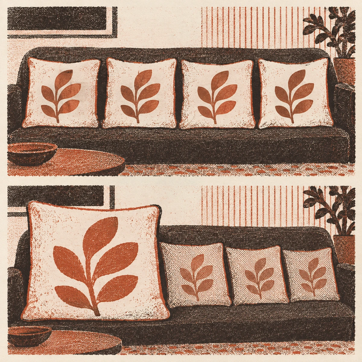 Two ink print, the same room drawn twice. Along the top, four cushions on a dark sofa all carry the same leaf motif at the same middling size and none of them stands out. Along the bottom, the same four cushions with the one on the left carrying that leaf printed several times larger, so it reads as one shape and the other three drop back.