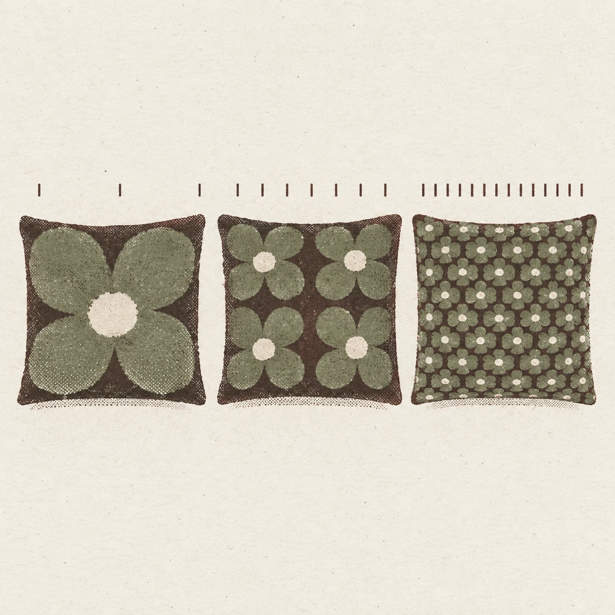 Three identical square cushions in a row, all the same size. Over the first, a flower so large that barely one whole repeat fits on the cover. Over the second, four whole flowers. Over the third, a small flower packed so densely it reads as a plain tone from a step away. Tick marks along the top of each cushion count the repeats.