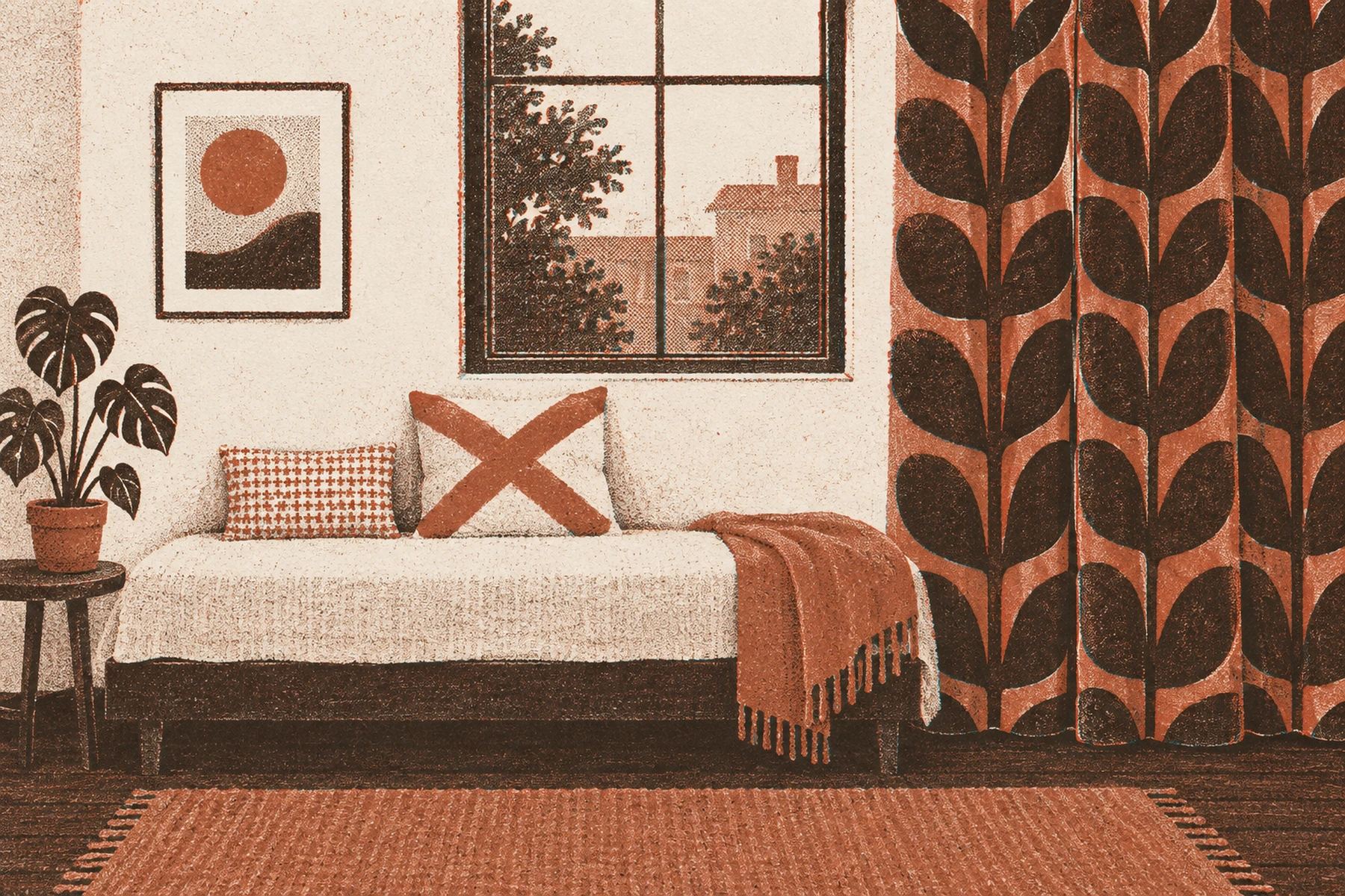 One wall of a small room drawn face on. A bold repeating leaf runs the full length of the floor length curtain beside the window. On the daybed against the wall, one cushion carries a tiny tight mark that reads as a plain tone from where you stand, and a second cushion in a middling scale has a single stroke drawn across it.