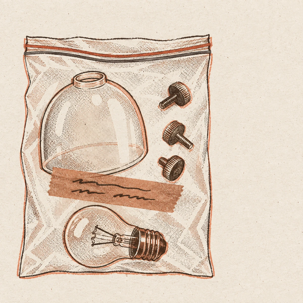 A two ink drawing looking straight down at an open zip freezer bag lying flat. Inside it, drawn as plain outlines, are a rounded glass dome, three thumbscrews and one bulb. A strip of tape across the front of the bag carries a few wobbly scribbled strokes standing in for handwriting.