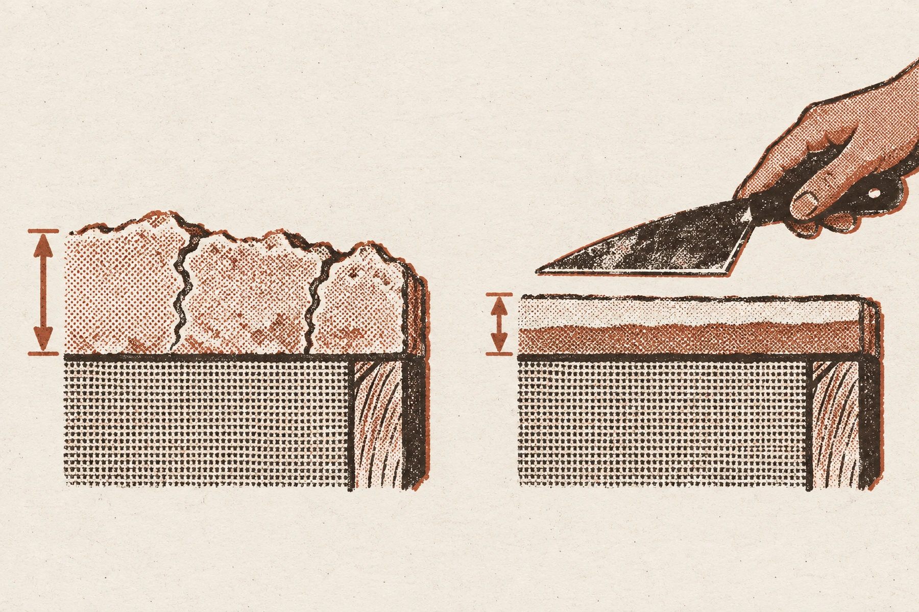 A two ink drawing of two canvas edges seen side on, so only the thin profile shows. On the left, one thick uneven layer of compound with two jagged cracks running down through it, and a tall arrow spanning its depth. On the right, the same canvas carrying two thin even bands with no cracks, a much shorter arrow spanning each, and a hand holding a putty knife at a low angle above it.