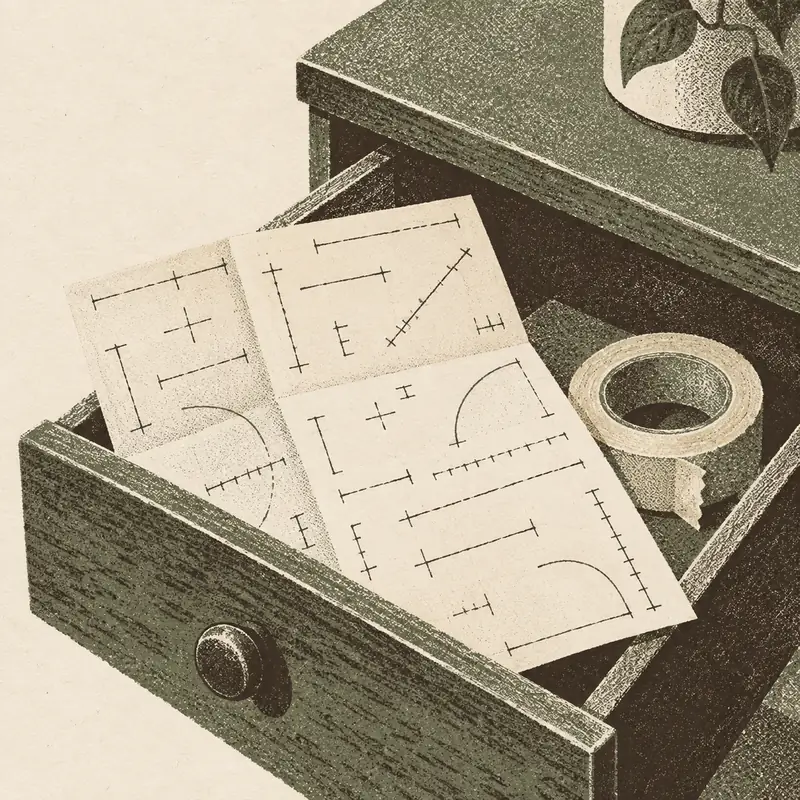 A two-ink print of a folded sheet covered in dimension lines with tick marks, half pulled out of an open drawer that also holds a roll of masking tape.