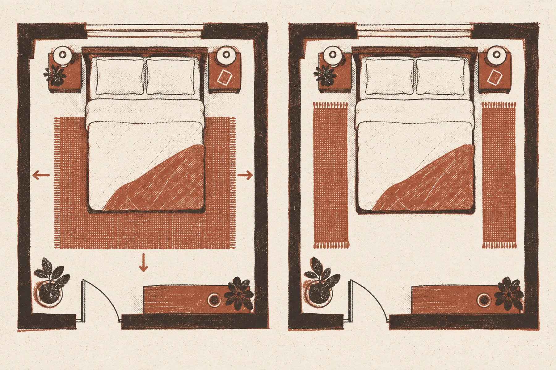 Two overhead plans of the same bedroom side by side. On the left one large rug starts just below the nightstands and runs under the lower part of the bed, with arrows marking how far it reaches past the sides and the foot. On the right the same bed with no rug underneath and a narrow runner along each side instead, each about the length of the bed.
