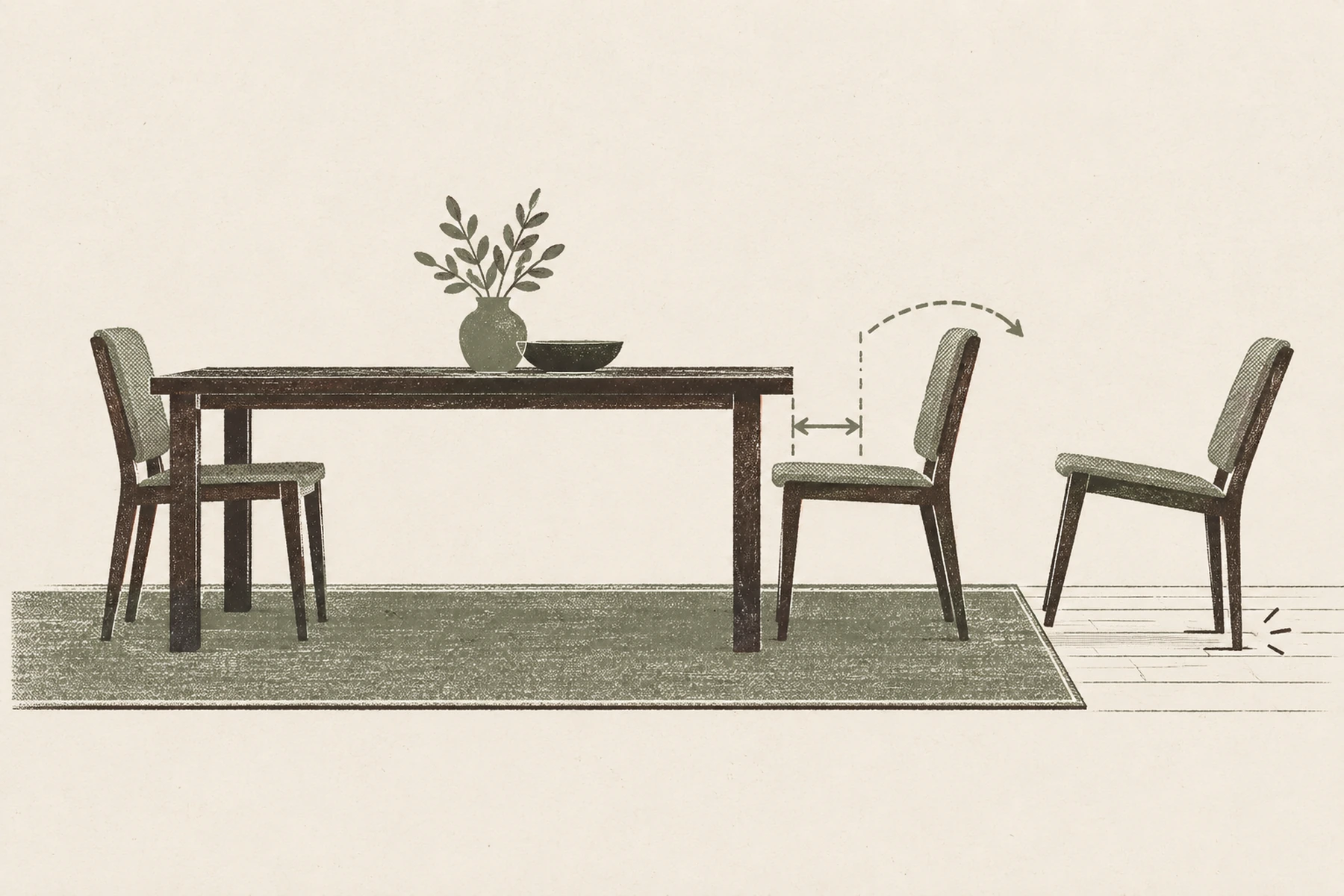 Side view of a dining table standing on a rug. The same chair is drawn twice, once tucked under the table and once pushed back with its back legs still on the rug, the move shown by a dashed arc between the two, with an arrow across the gap from the table edge to the rug edge. On the right a second chair has been pushed back past the rug edge and tips as its legs drop onto bare boards.