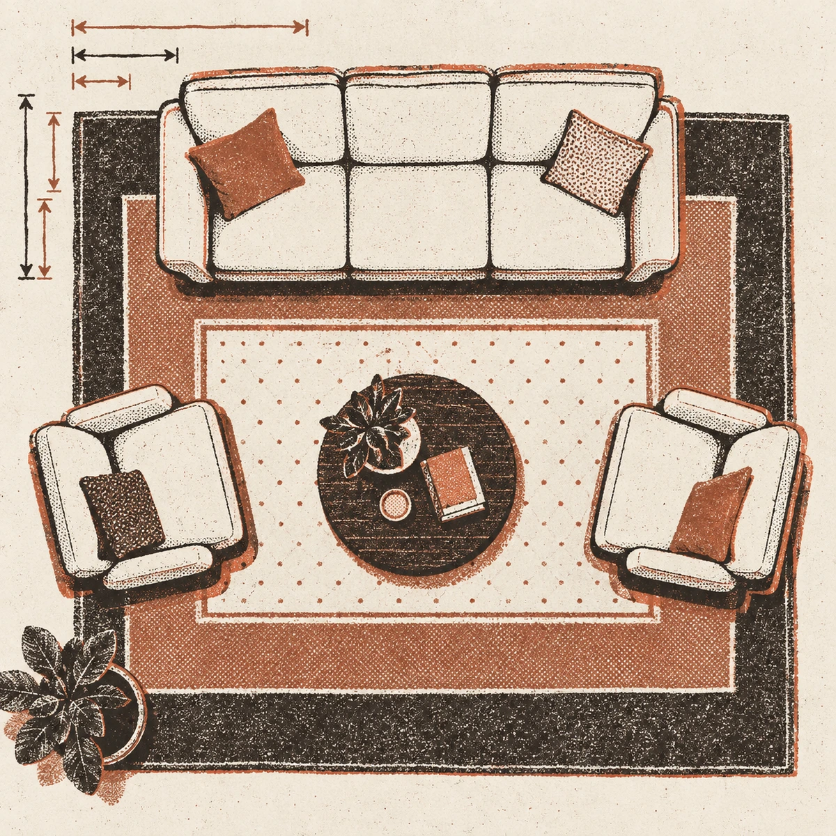Overhead plan of a living room with a three seat sofa and two armchairs, three rug rectangles drawn nested inside one another on the same floor, with short arrows at the top left corner marking how much wider and how much longer each one is than the one inside it.