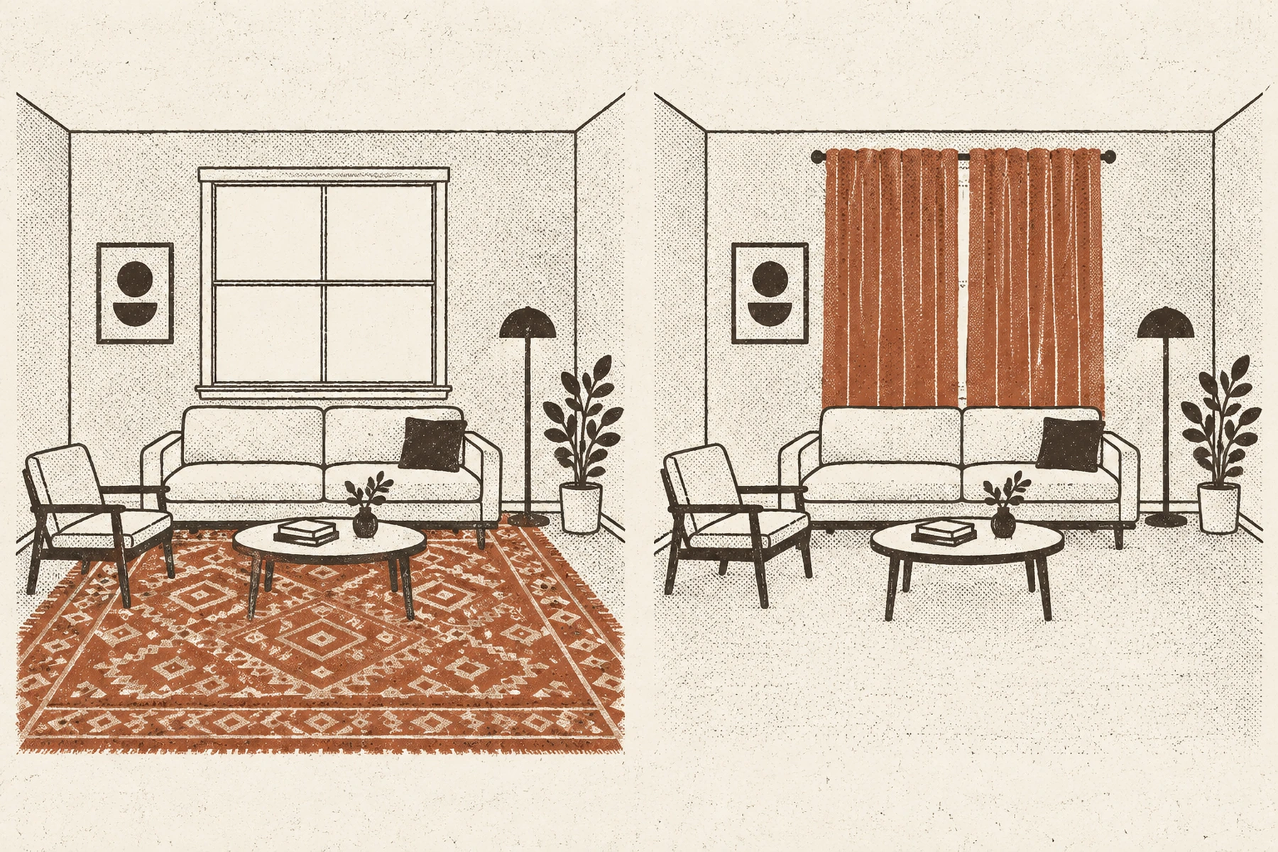 A two ink print of the same small living room drawn twice, side by side. In the left drawing a large patterned rust rug covers the floor and the window is bare; in the right one two rust curtain panels cover the window and the floor is bare. In each drawing the rust element is the only thing filled with color.