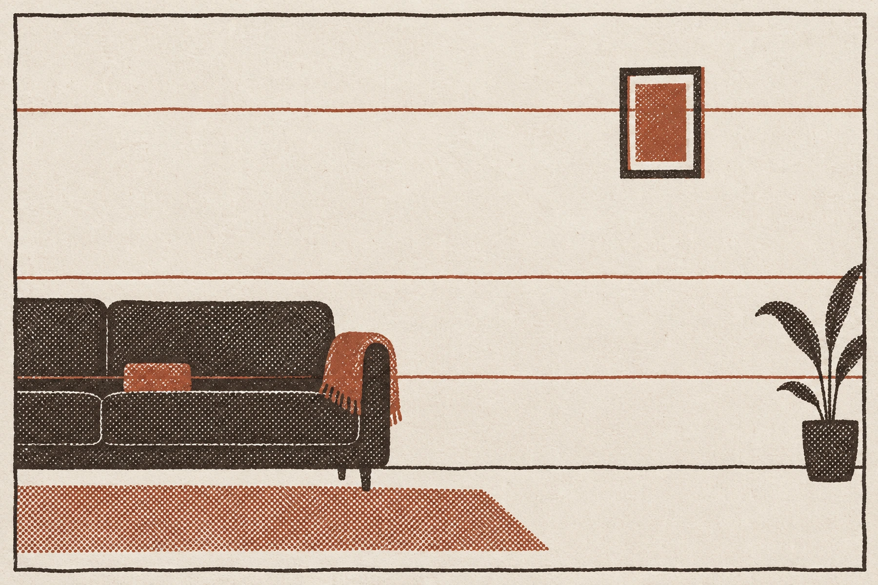 A two ink print of a living room wall seen flat. The same rust color appears three times, each on its own thin rust guide line: a cushion low on the dark sofa, a fringed throw folded over the sofa arm at mid height, and a framed picture high on the wall. A rust rug runs under the sofa.