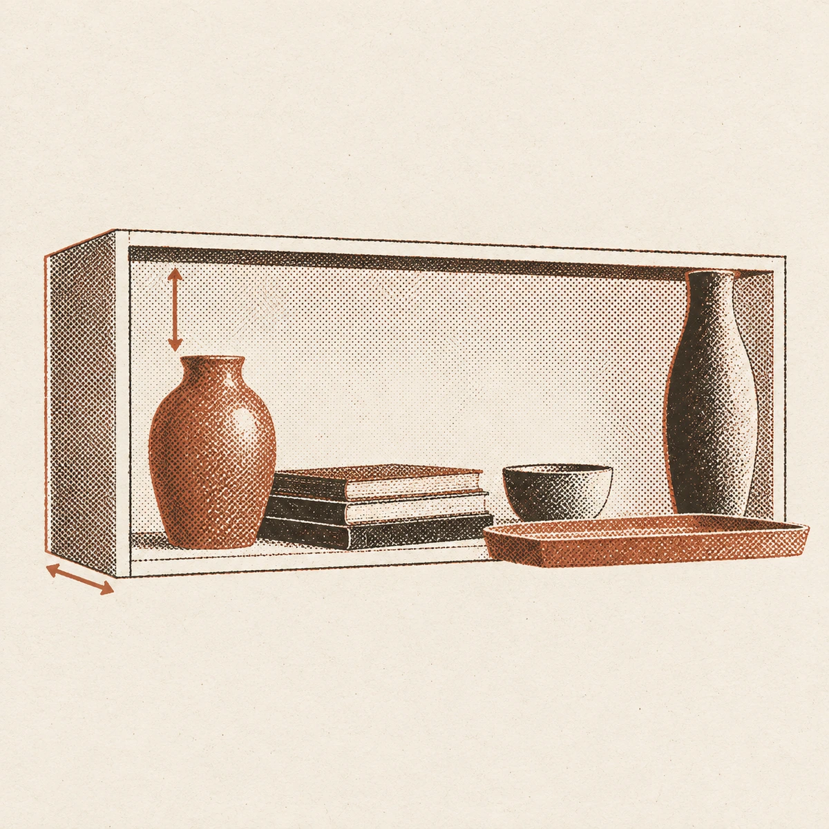 One shelf opening drawn as an open box seen from slightly to the side, with an arrow on its depth at the front left corner and an arrow on the clear height above the tallest object. Inside, things that fit: a squat terracotta vase with air above it, a flat stack of books and a small bowl. Breaking the box: a tall dark vase whose rim reaches the underside of the shelf above, and a wide shallow tray whose end hangs right out past the front edge.