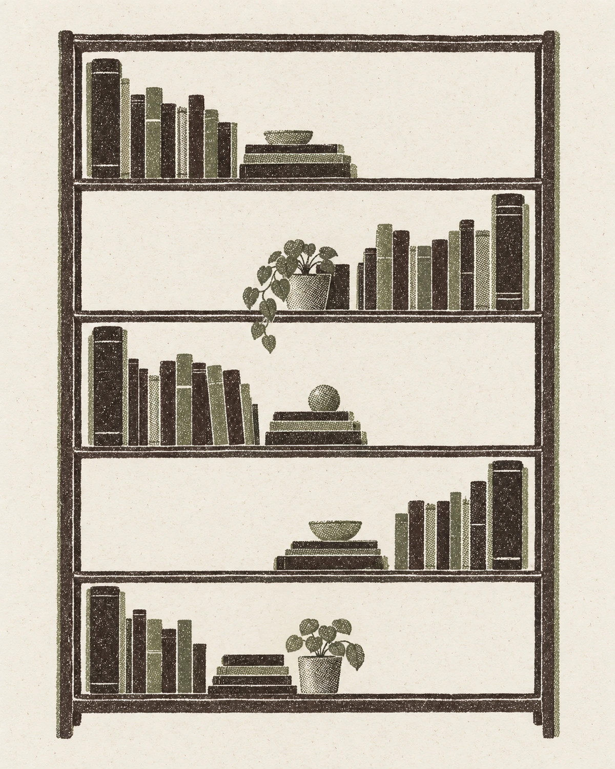 A five shelf bookcase drawn face on. On each shelf one object is clearly the tallest, and those tallest objects sit at alternating sides going down, so a zigzag could be traced through them. On each shelf about a third of the board is left completely bare, and the bare stretch falls on the left on one shelf and on the right on the next. Books standing and in flat stacks fill the rest.