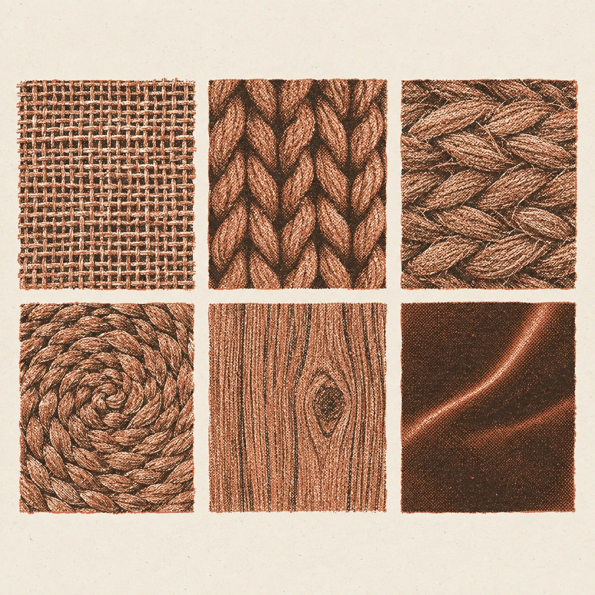 A print of six squares of material in two rows of three, each drawn flat from above: an open linen weave, a chunky knit, a coarse jute braid, a coiled seagrass mat, raw wood grain and a smooth velvet. Five of them carry no highlight at all. Only the velvet, at the bottom right, has a soft curved sheen across it.