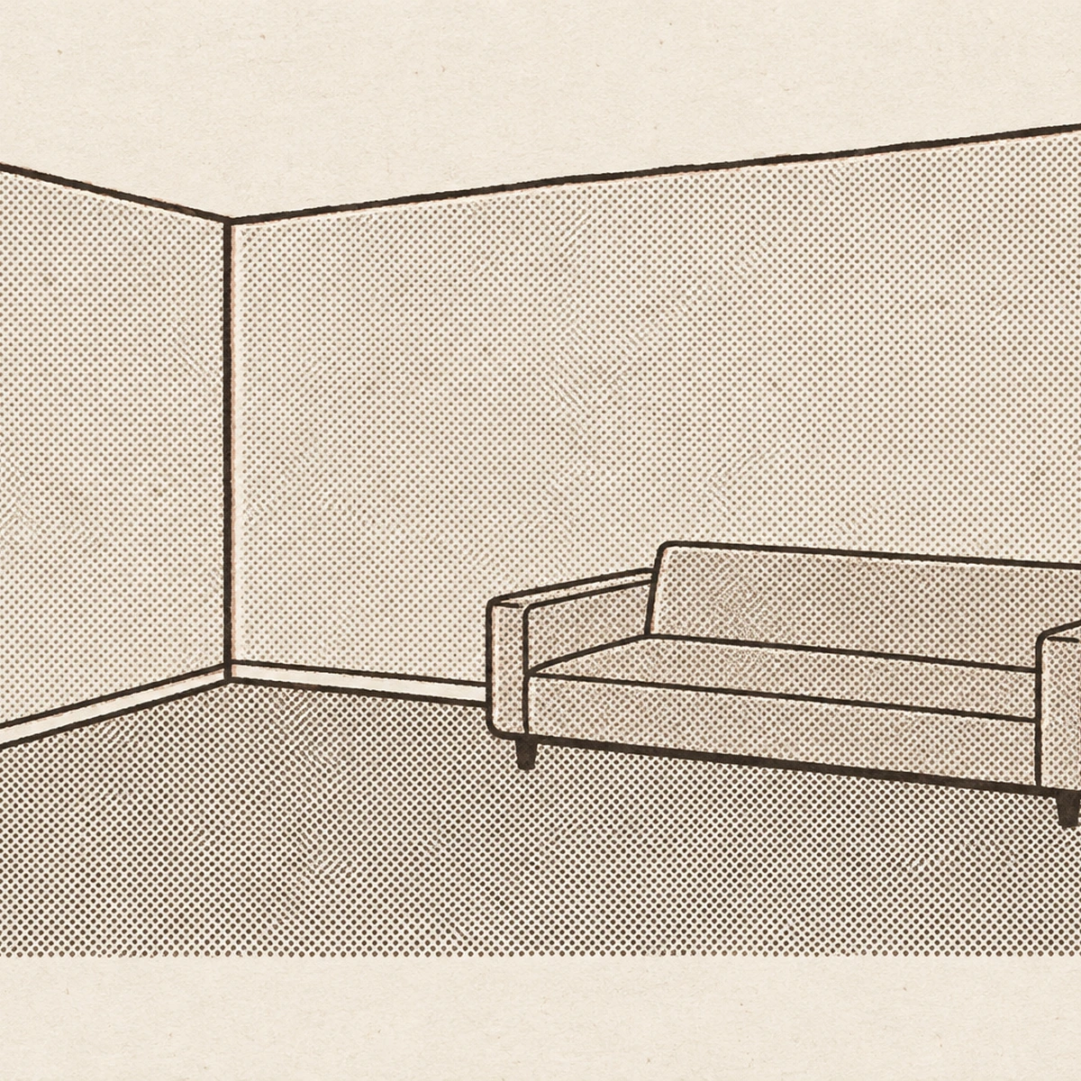 A two ink print of an empty rented living room seen from one corner. Only three surfaces are drawn: a blank wall, a bare floor and one plain sofa, the wall and the floor laid in flat halftone. Nothing else is in the room and there is no accent color anywhere.