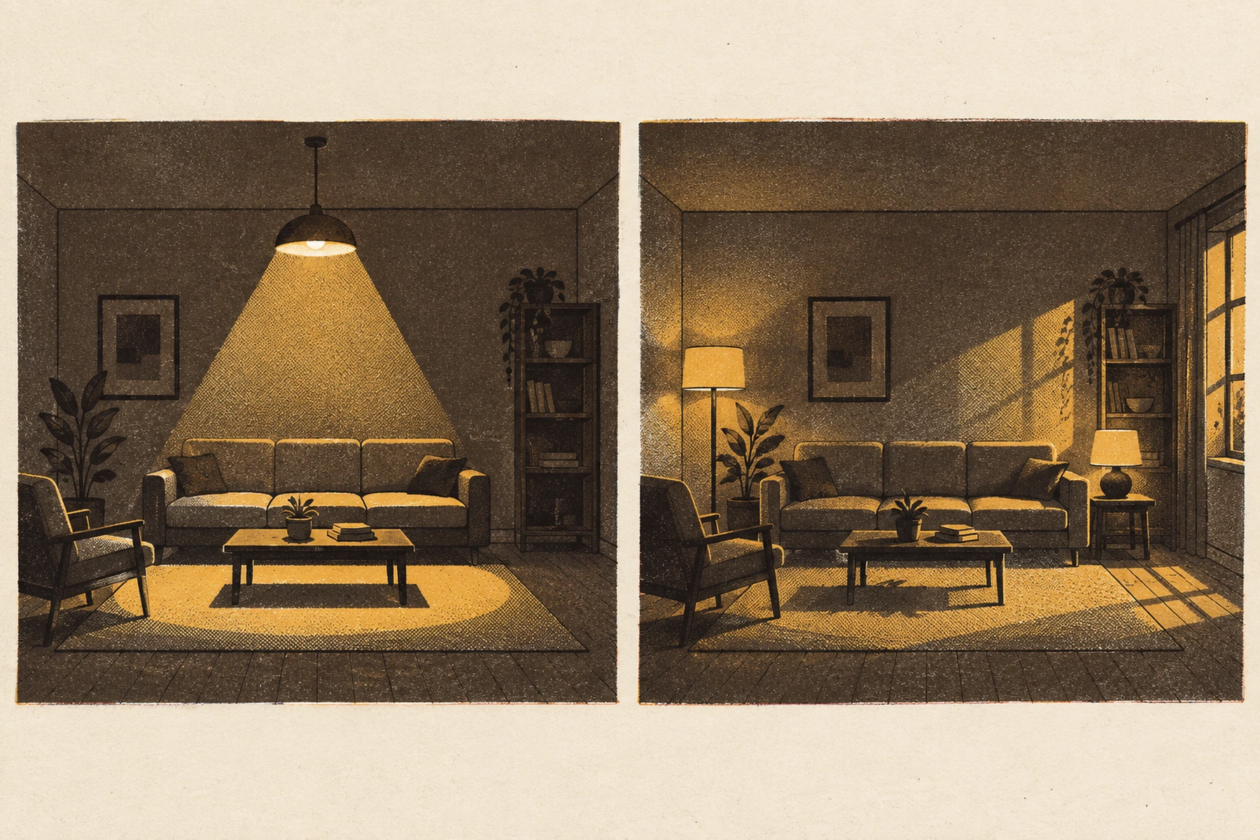A print of the same living room drawn twice, side by side. On the left a single ceiling fitting throws one flat cone of light straight down into the middle of the floor and the corners fall away dark. On the right there is no ceiling light at all: a floor lamp, a table lamp and the window each light their own part of the room.