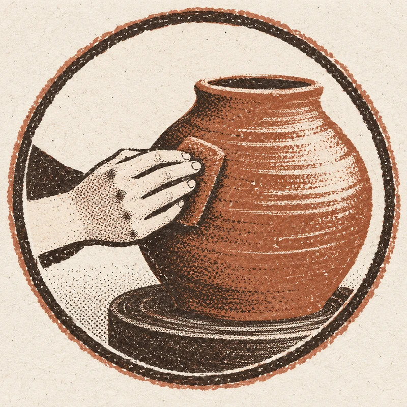 A hand rubbing a cloth down the side of a round clay pot on a turntable, inside a round badge.