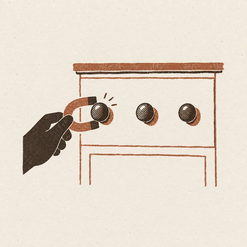 A hand holding a horseshoe magnet up to one of three round knobs on a dresser drawer, with small marks drawn beside the knob it is testing.