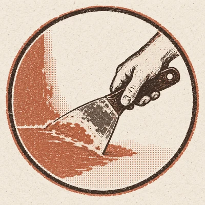 A hand dragging a putty knife across a canvas inside a round badge, pulling a wave of plaster behind it.