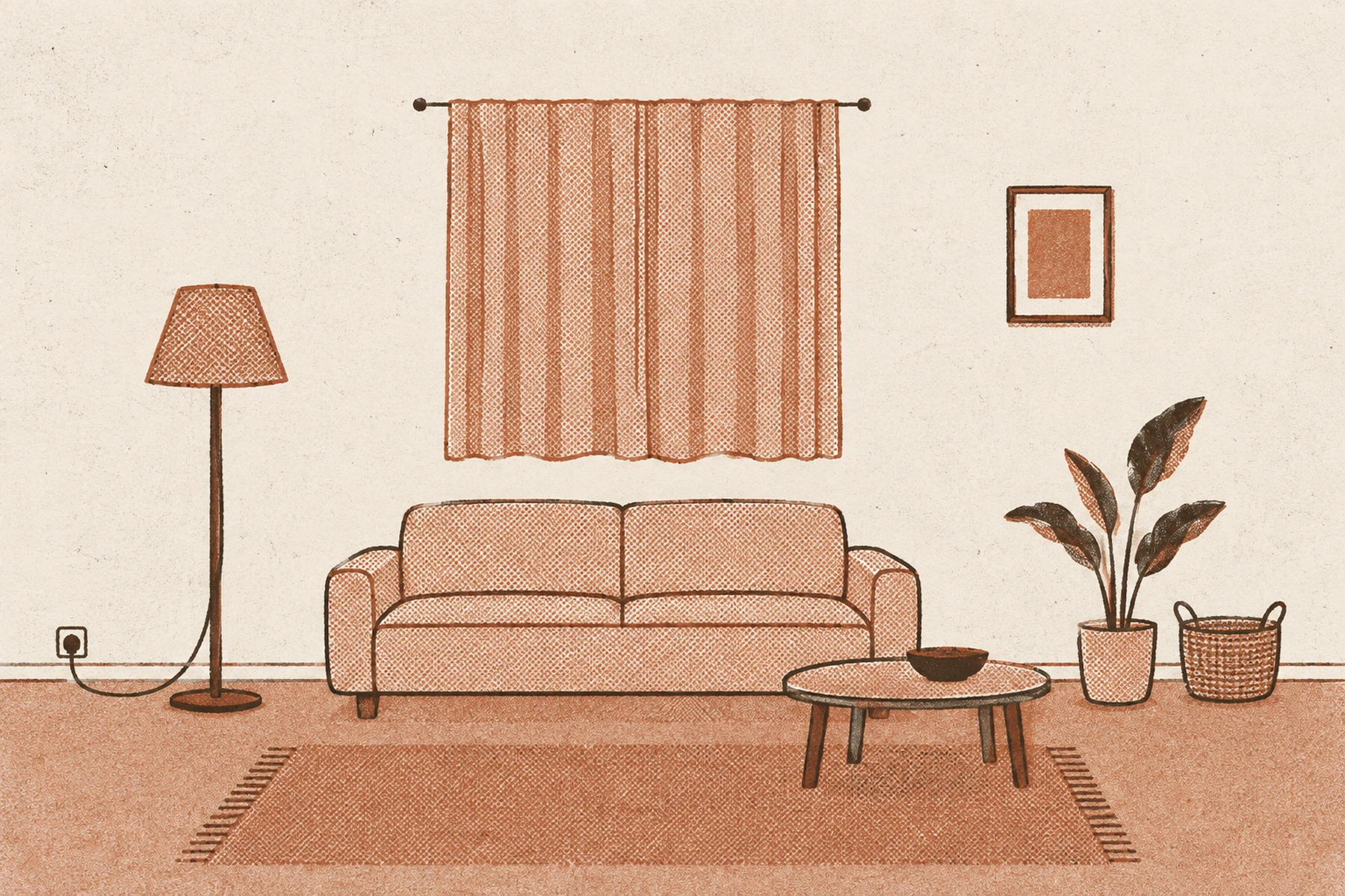 A two ink print of a rented living room drawn flat and face on. On the wall there are only two small dark dots, one at each end of the curtain rod, and one small framed picture. The sofa, the floor lamp, the round coffee table, a potted plant and a lidded basket all stand on the floor on a rug, and the lamp cord runs down to a socket at the baseboard.