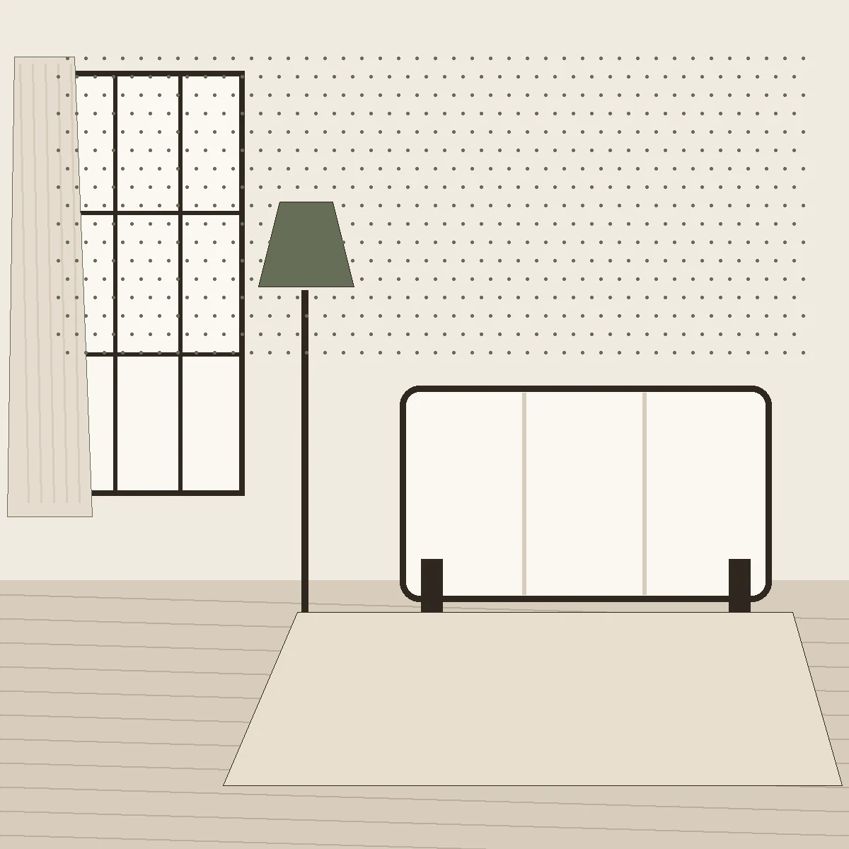 Risograph drawing of a plain rented living room seen straight on: a simple straight sofa on the right, a window with a plain curtain on the left, a rug under the sofa and a floor lamp in the corner. Every piece in it is new and matching.