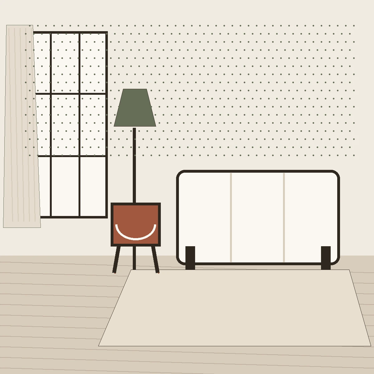 The same room from the same viewpoint, with one dark carved wooden side table added beside the sofa. Everything else in the room is still new and plain.