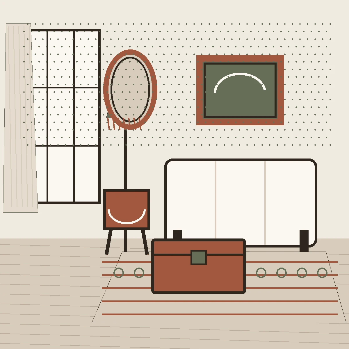 The same room with most things old: the carved table, the gilt framed painting, the patterned rug, a wooden trunk used as a coffee table, an ornate mirror and a fringed lampshade. Only the sofa is still plainly modern.