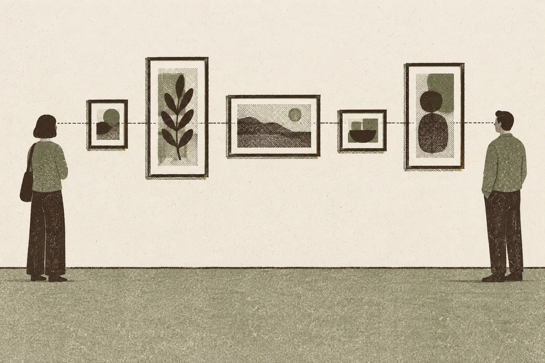 A print of a long gallery wall seen from the side, with five framed pictures of clearly different sizes hung in a row. A single thin dashed line runs the whole width of the paper through the center of every frame, so the small ones sit low and the tall ones run high but all their middles agree. Two standing figures look at the wall and the line passes through their eyes.