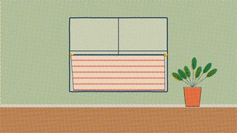 A riso drawing of a window with a tension rod set inside the frame halfway up and a striped cafe curtain covering the lower half.