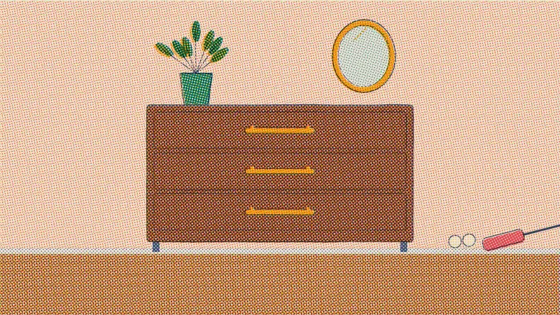 A riso drawing of a walnut dresser with brass bar pulls, the two old round knobs and a screwdriver on the floor beside it.
