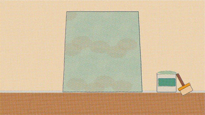 A riso drawing of a large limewashed panel leaning against a wall on a drop cloth, with a tin of limewash and a wide brush beside it.