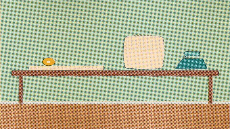 A riso drawing of a worktable with linen fabric, a roll of hem tape, a finished pillow and an iron.