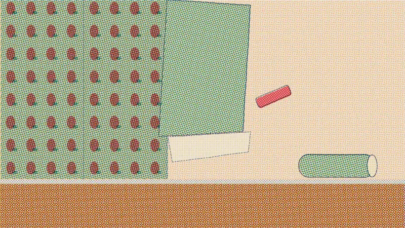 A riso drawing of a wall half covered in patterned peel-and-stick wallpaper, the next strip being smoothed on and a roll waiting on the floor.