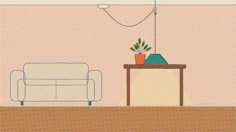 A riso drawing of a pendant light hanging from a ceiling hook over a table, its cord running from a screw-in adapter in the old ceiling fixture.