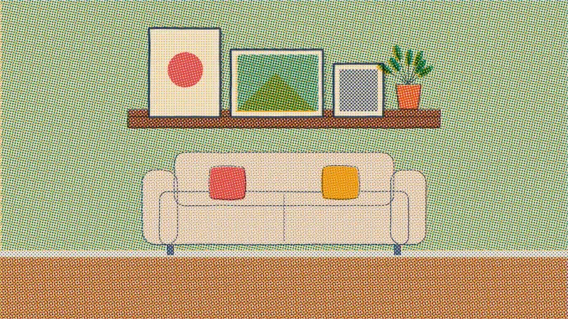 A riso drawing of a walnut picture ledge above a sofa with three frames and a small plant leaning on it.