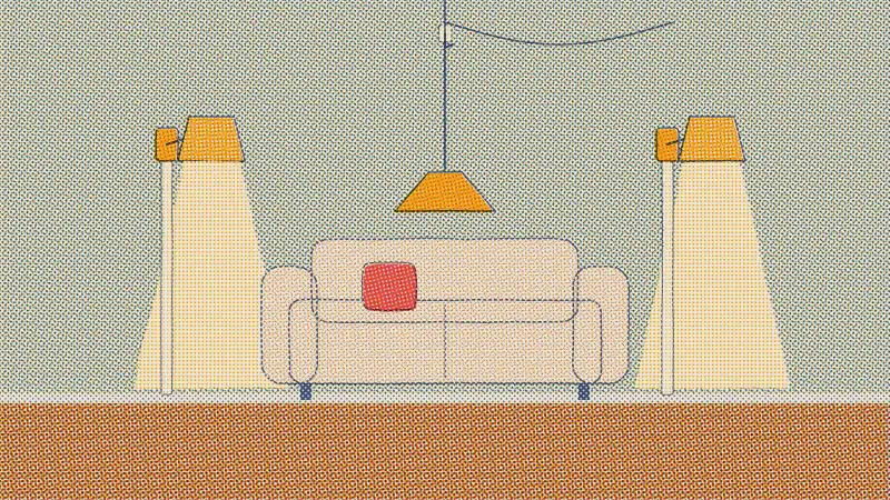 A riso drawing of two plug-in wall sconces with their cords hidden in raceways and a pendant swagged from a ceiling hook over a sofa.