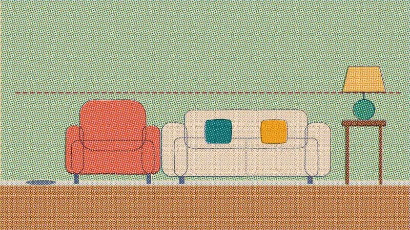 A riso drawing of a floor lamp beside a coral armchair and a table lamp on a side table next to a sofa, with a dashed line showing both shades end at the same height, eye level.