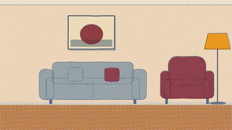 A riso drawing of a cream room with a dusty blue sofa, an oxblood armchair, an oxblood pillow and a brass floor lamp.