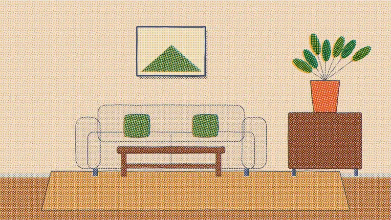 A riso drawing of a cream room with a cream sofa, olive pillows, a walnut coffee table and cabinet, a jute rug and a plant in a terracotta pot.