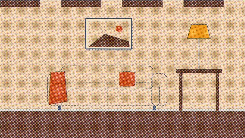 A riso drawing of an oatmeal room with dark wood beams, a rust throw over the sofa arm, a rust pillow, a dark wood side table and a brass lamp.