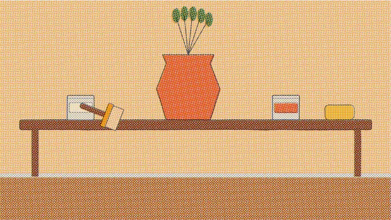 A riso drawing of a terracotta vase with a chalky aged finish on a worktable, with two small paint pots, a brush and a sponge.