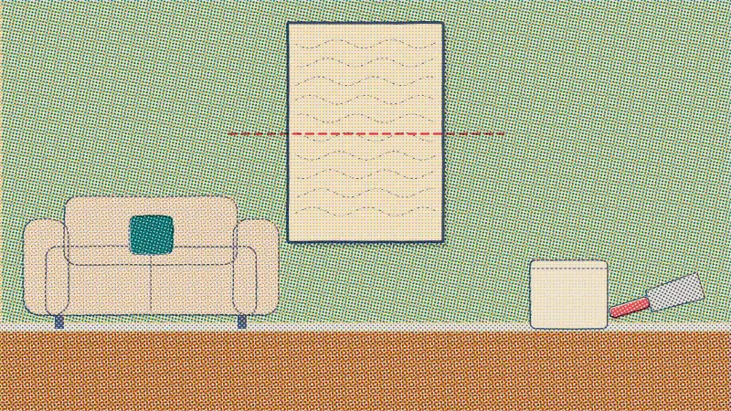 A riso drawing of a white textured canvas framed on the wall with a dashed line through its center, a tub of joint compound and a knife on the floor.