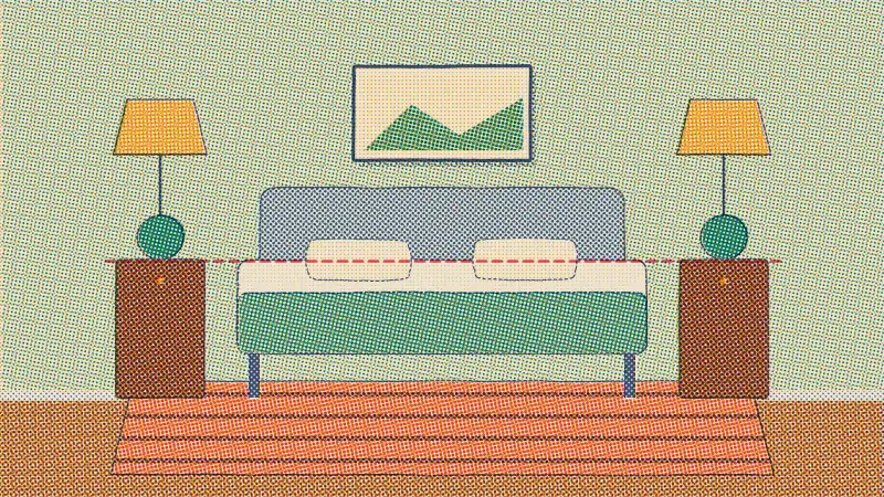 A riso drawing of a bed with a rug reaching past both sides and the foot, nightstands level with the mattress and a lamp on each, with a dashed line along the mattress top.