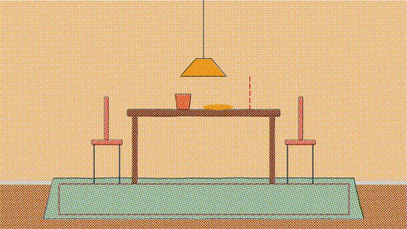 A riso drawing of a dining table with two chairs on a rug that runs well past the table, and a pendant light hung above it with a dashed line marking the gap.