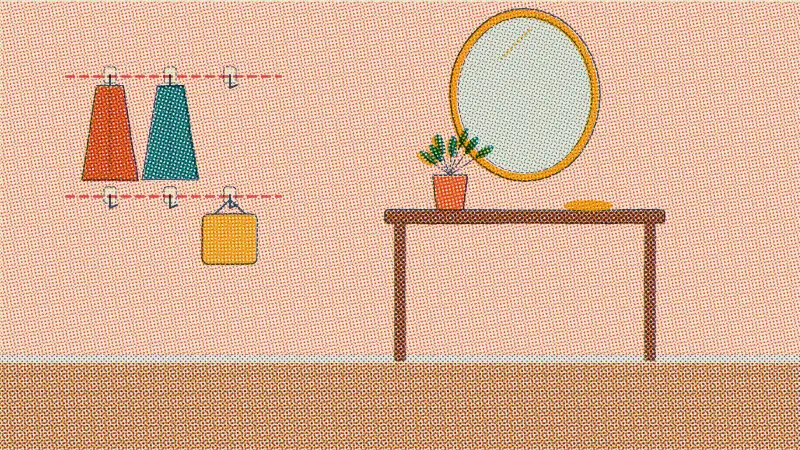 A riso drawing of an entryway with two rows of adhesive hooks, coats on the top row and a bag on the lower one, and a round mirror hung low above a console table.