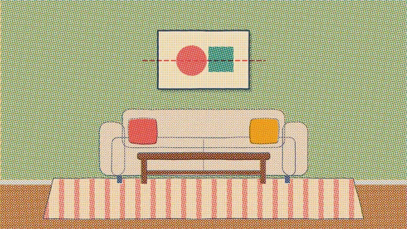 A riso drawing of a living room with a cream sofa, a walnut coffee table shorter than the sofa, a striped rug under the front legs and art with a dashed line through its center.
