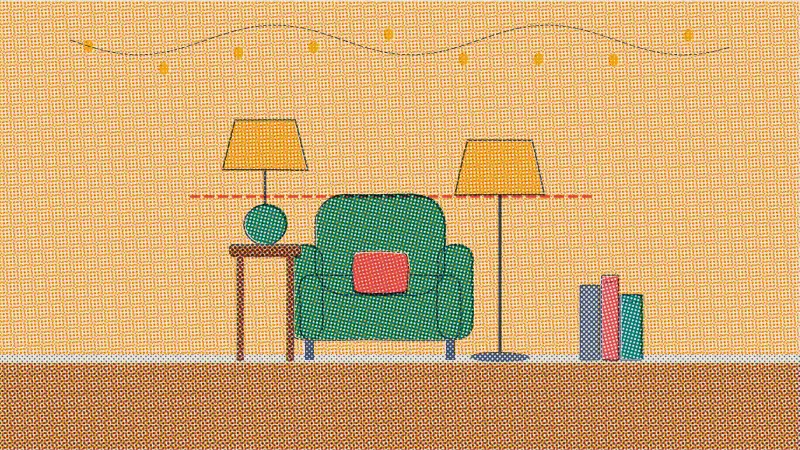 A riso drawing of a reading corner with a teal armchair, a floor lamp beside it with a dashed line at seated eye level, a small side table with a lamp and string lights above.